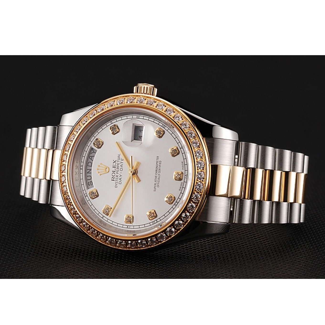 AAA Replica Watches Bracelet Case Rolex White Diamond Two Day-Date 1453971 Swiss Dial Stainless Tone Gold Steel 0723